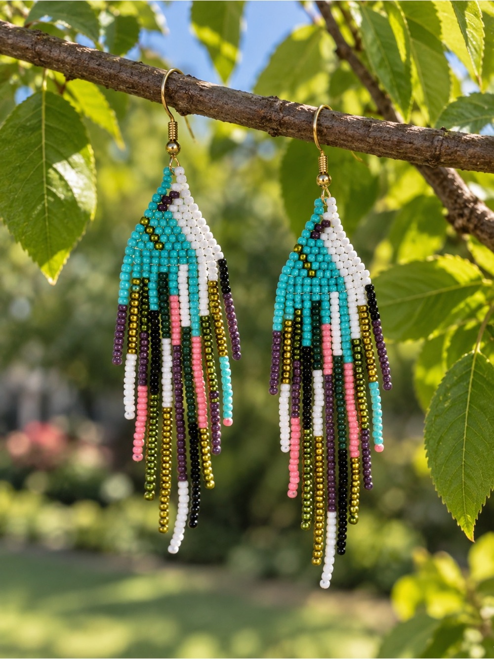 Turquoise & White Beaded Fringe Earrings with Multicolor Accents - Women Jewelry